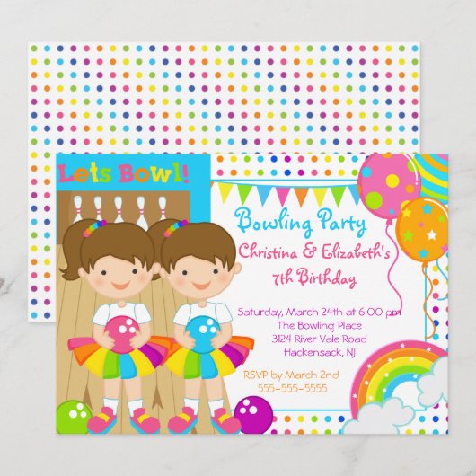 Cute Twin Girls Bowling Birthday Party Invitation Kaart (Voorkant / Achterkant)