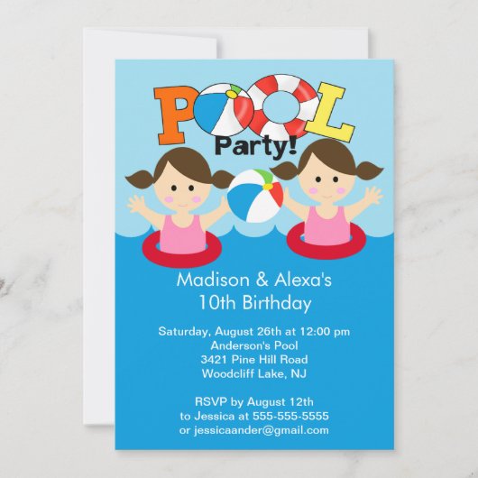 CUTE Twin Girls Pool Party of Birthday Invitation Kaart (Voorkant)