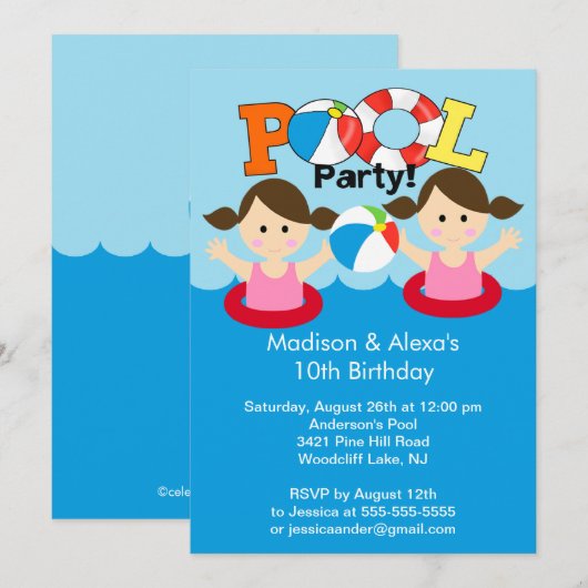CUTE Twin Girls Pool Party of Birthday Invitation Kaart (Voorkant / Achterkant)