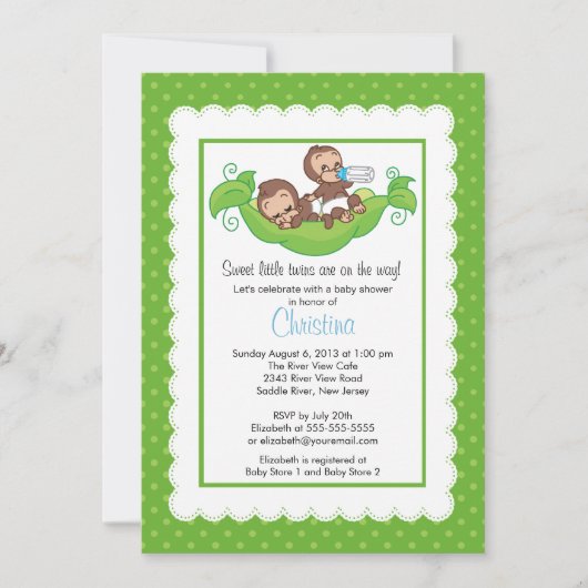 Cute Twin Monkeys Pea Pod Baby Shower Invitaties Kaart (Voorkant)