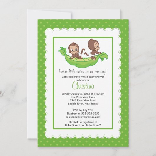 Cute Twin Monkeys Pea Pod Baby Shower Invitaties Kaart (Voorkant)