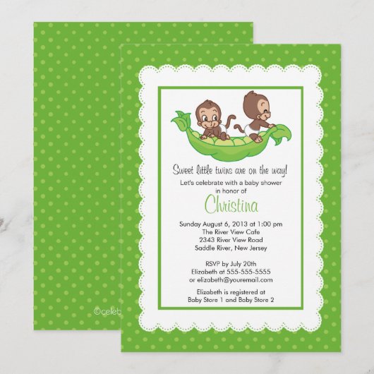 Cute Twin Monkeys Pea Pod Baby Shower Invitaties Kaart (Voorkant / Achterkant)