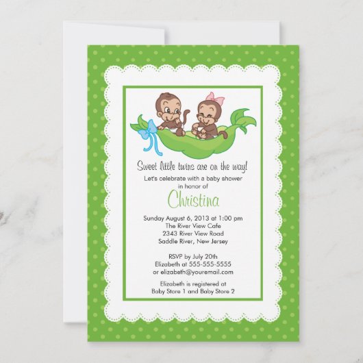 Cute Twin Monkeys Pea Pod Baby Shower Invitaties Kaart (Voorkant)