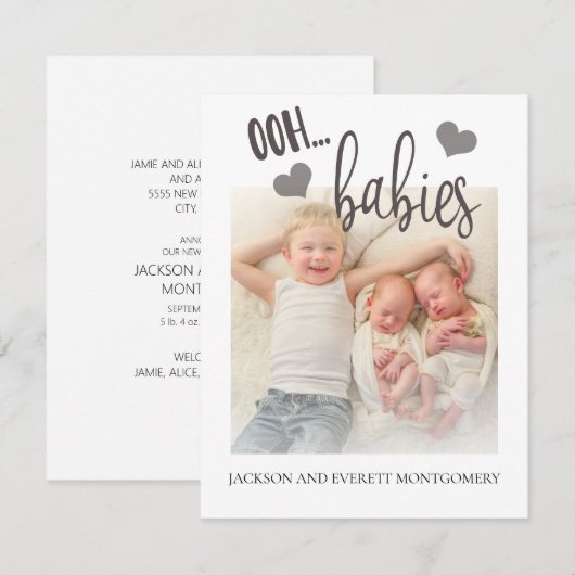 Cute Twin Photo Birth Announcement Ooh Babies Aankondiging (Voorkant / Achterkant)