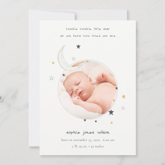 Cute Twinkle Star Moon Foto geboorteaankondiging Bedankkaart (Voorkant)