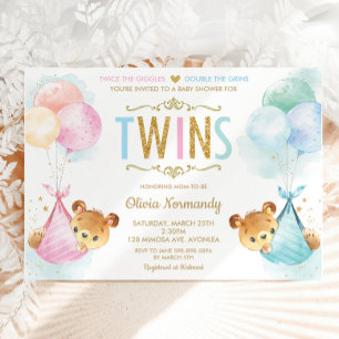 Cute Twins Baby Girl Boy Teddy Bears Baby shower Kaart