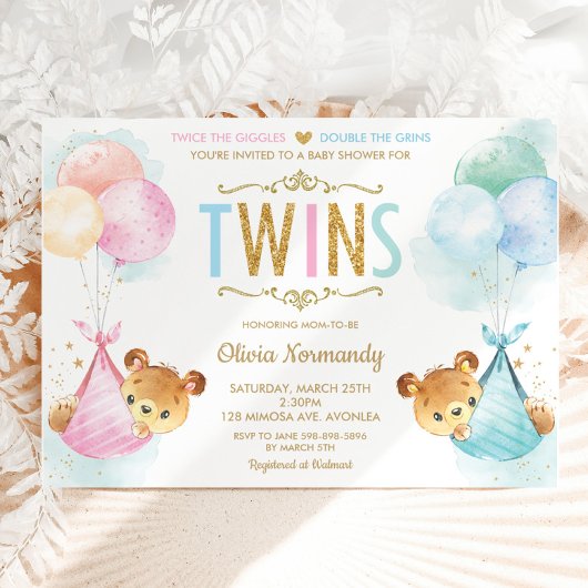 Cute Twins Baby Girl Boy Teddy Bears Baby shower Kaart