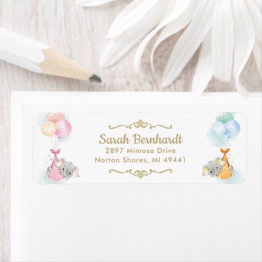 Cute Twins Boy Girl Elephant Baby shower Address Etiket (Insitu)