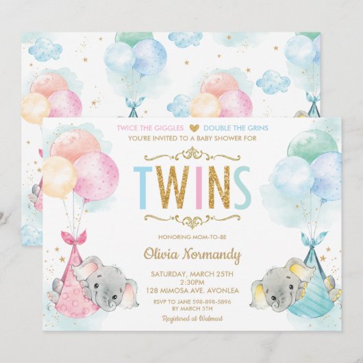 Cute Twins Boy Girl Elephant Baby shower Sprinkle Kaart (Voorkant / Achterkant)