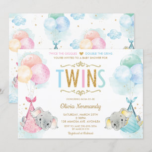 Cute Twins Boy Girl Elephant Baby shower Sprinkle Kaart