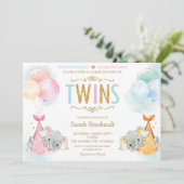 Cute Twins Boy Girl Elephant Baby shower Sprinkle Kaart (Staand voorkant)
