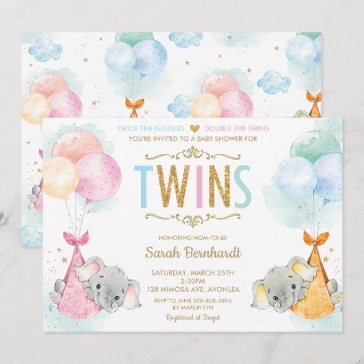 Cute Twins Boy Girl Elephant Baby shower Sprinkle Kaart (Voorkant / Achterkant)