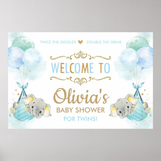 Cute Twins Boys Elephants Baby shower Welcome Sign Poster (Voorkant)