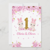Cute Twins Bunny Rabbit Girls 1e verjaardag Kaart (Achterkant)