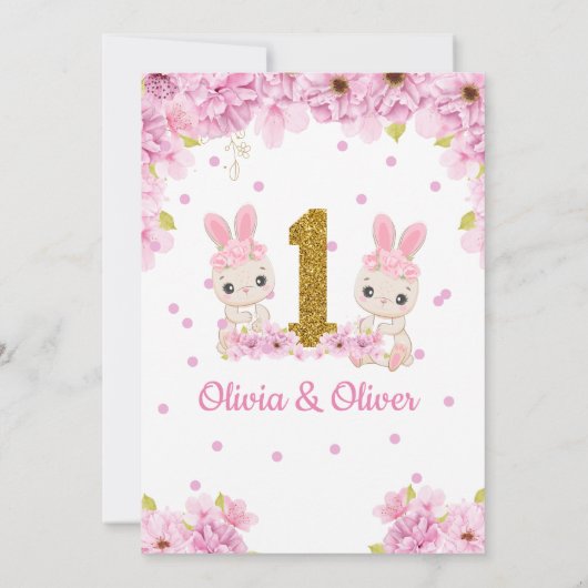 Cute Twins Bunny Rabbit Girls 1e verjaardag Kaart (Achterkant)