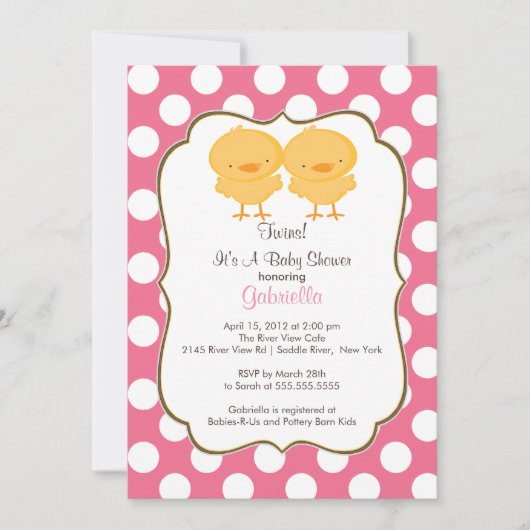 Cute Twins Chick Baby shower Invitation Pink Girls Kaart (Voorkant)