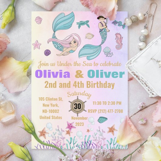 Cute Twins Mermaids and Pirates Birthday Party Kaart