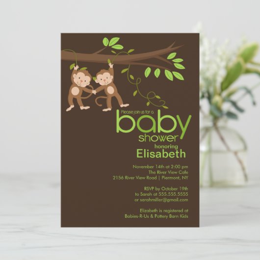 Cute Twins Oerwoud Monkey Baby shower Kaart (Staand voorkant)