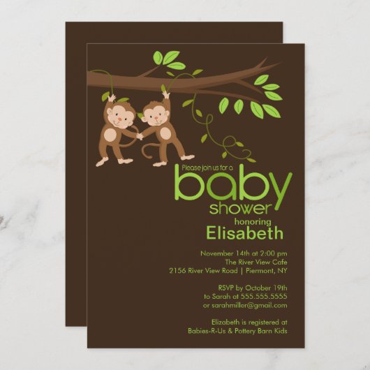 Cute Twins Oerwoud Monkey Baby shower Kaart (Voorkant / Achterkant)