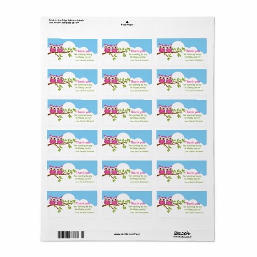 Cute Twins Owls Girl Birthday Favor Label (Full Sheet)