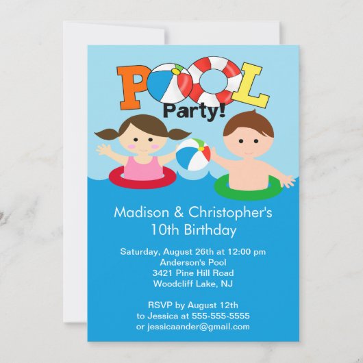 CUTE Twins Pool party Birthday Invitation Girl Boy Kaart (Voorkant)