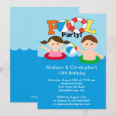 CUTE Twins Pool party Birthday Invitation Girl Boy Kaart (Voorkant / Achterkant)