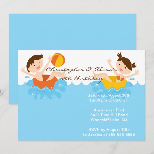 CUTE Twins Pool Party Birthday Invitation Kaart (Voorkant / Achterkant)