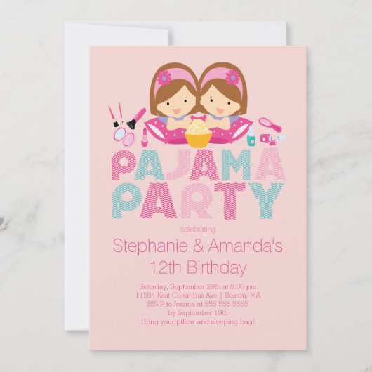 Cute TWINS Tween Pajama Birthday Party Invitation Kaart (Voorkant)