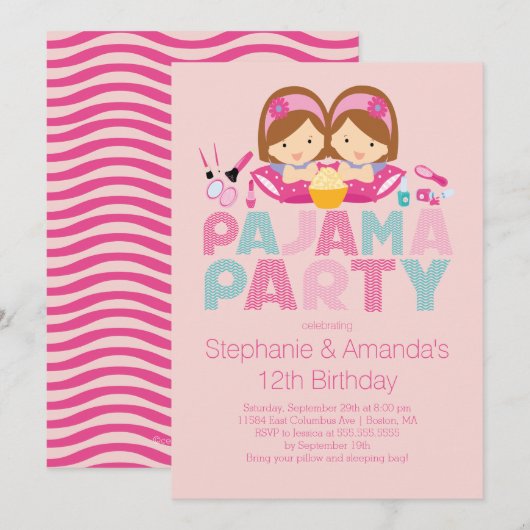 Cute TWINS Tween Pajama Birthday Party Invitation Kaart (Voorkant / Achterkant)