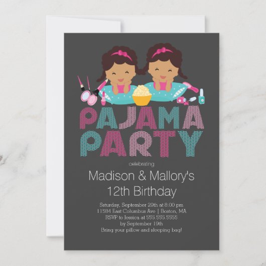 Cute TWINS Tween Pajama Birthday Party Invitation Kaart (Voorkant)