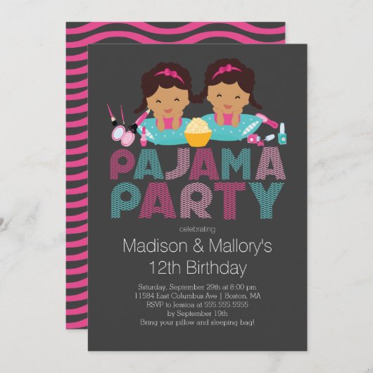 Cute TWINS Tween Pajama Birthday Party Invitation Kaart (Voorkant / Achterkant)