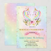 Cute twins unicorn party-uitnodiging kaart (Voorkant / Achterkant)