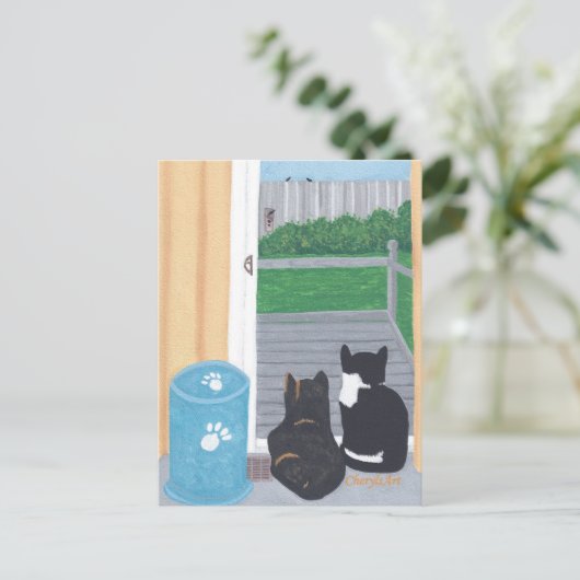 Cute Two Cats Bird Watching Deck Briefkaarten (Staand voorkant)