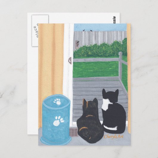 Cute Two Cats Bird Watching Deck Briefkaarten (Voorkant / Achterkant)