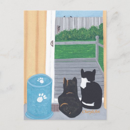 Cute Two Cats Bird Watching Deck Briefkaarten (Voorkant)