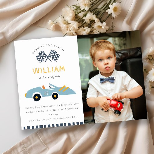 Cute Two Fast Race Car Photo 2e verjaardag Invite Bedankkaart