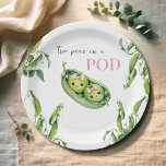 Cute Two Peas in A Pod Pink Girl Twins Baby Shower Papieren Bordje<br><div class="desc">Celebrate your little babies' arriving with this greenery inspired Paper Plates, perfect for the modern, stylish twins baby shower! Featuring a watercolor kawaii peas with pink bows and the playful slogan "Two Peas in a Pod" this design captures the essence of youthful fun and elegance. Customize the details to make...</div>