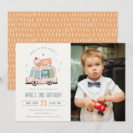 Cute Two Sweet Ice Cream Truck Foto 2e verjaardag Kaart (Voorkant / Achterkant)