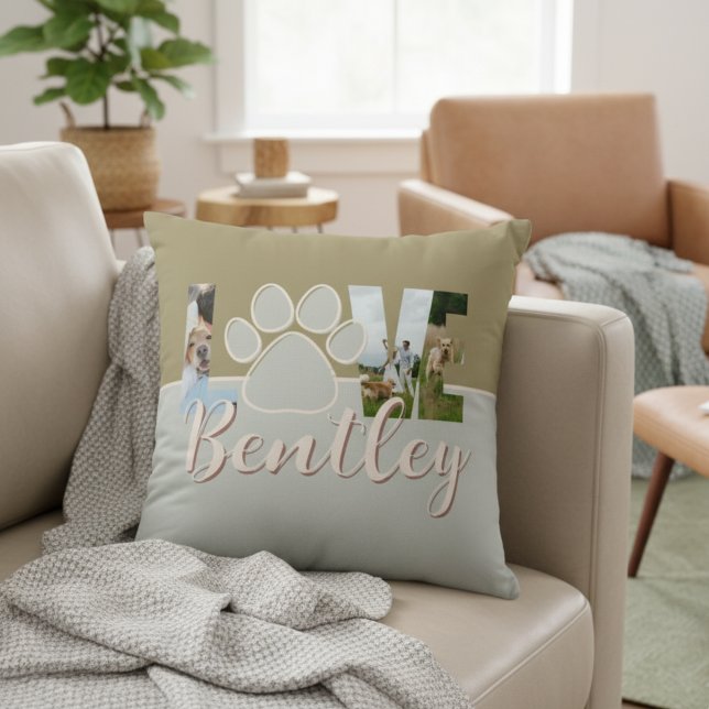 Cute Two Tone Dog Photo Love Paw Print Kussen (Create a cute keepsake of your best friend with this Cute Two Tone Dog Photo Love Paw Print Pillow!)