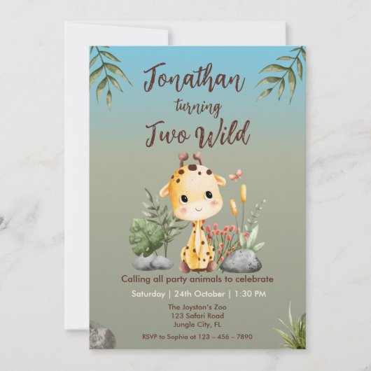 Cute Two Wild Safari Giraf Kids 2nd Birthday  Kaart (Voorkant)