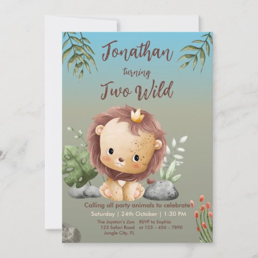 Cute Two Wild Safari Lion Kids 2nd Birthday Kaart (Voorkant)