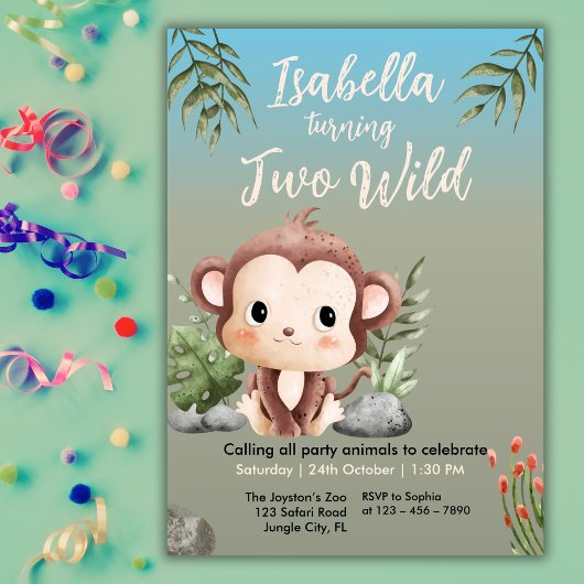 Cute Two Wild Safari Monkey Kids 2nd Birthday Kaart