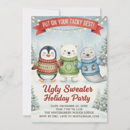 Cute Ugly Sweater Holiday Party Penguin Polar Bear Kaart (Voorkant)