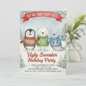 Cute Ugly Sweater Holiday Party Penguin Polar Bear Kaart (Staand voorkant)