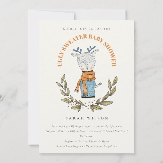Cute Ugly Sweater Leaf Reindeer Baby shower Invite Bedankkaart (Voorkant)