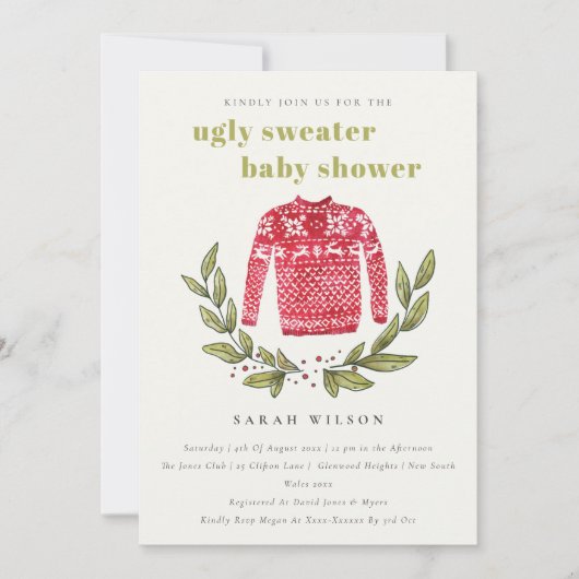 Cute Ugly Sweater Leafy Winter Baby shower Invite Bedankkaart (Voorkant)