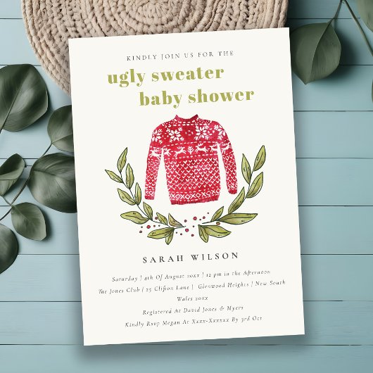 Cute Ugly Sweater Leafy Winter Baby shower Invite Bedankkaart