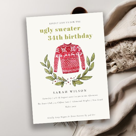 Cute Ugly Sweater Winter Any Age Birthday Invite Bedankkaart