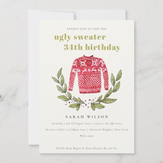 Cute Ugly Sweater Winter Any Age Birthday Invite Bedankkaart (Voorkant)