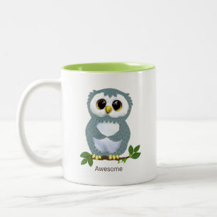 Cute Uil Cartoon, Laurierbladeren & Calligrafie Tweekleurige Koffiemok